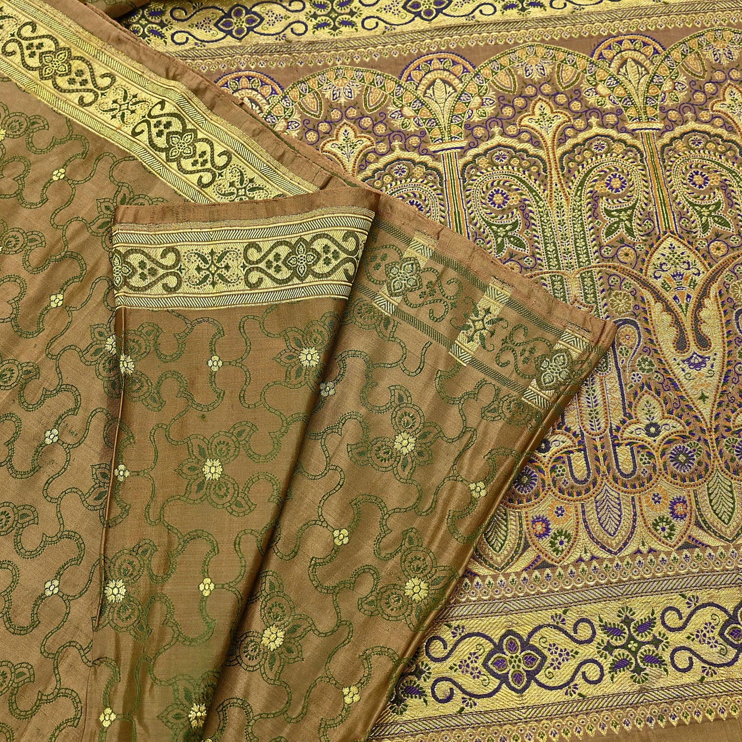 Vintage Banarasi Saree Pure Satin Silk Woven Brocade Zari Fabric green Heavy Craft Sari 5 Yards Indian Antique Textile Dress Making