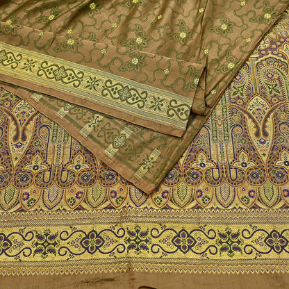 Vintage Banarasi Saree Pure Satin Silk Woven Brocade Zari Fabric green Heavy Craft Sari 5 Yards Indian Antique Textile Dress Making