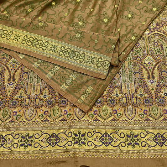 Vintage Banarasi Saree Pure Satin Silk Woven Brocade Zari Fabric green Heavy Craft Sari 5 Yards Indian Antique Textile Dress Making
