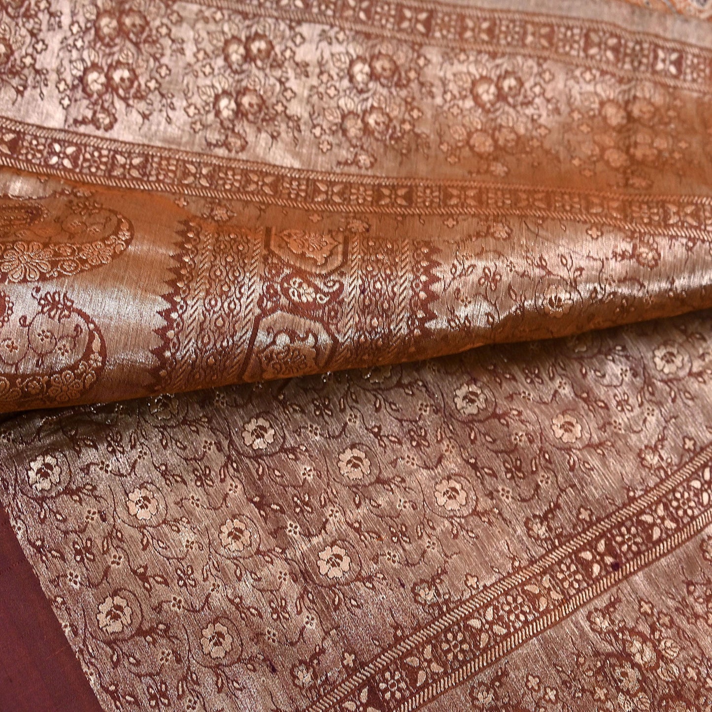 Indian Vintage Sari Rusty Heavy Pure Satin Silk Woven Banarasi Tanchoi Saree 5Yd Ethnic Craft Fabric Upcycle Bridal Heavy Sarees