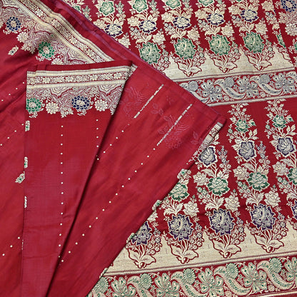 Indian Vintage Sari Red Heavy Wedding Pure Satin Silk Woven Banarasi Brocade Saree Zari 5Yd Craft Fabric Ethnic Dress making Crafting