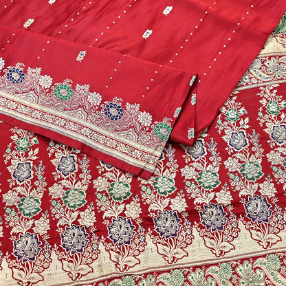 Indian Vintage Sari Red Heavy Wedding Pure Satin Silk Woven Banarasi Brocade Saree Zari 5Yd Craft Fabric Ethnic Dress making Crafting