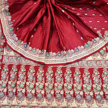 Indian Vintage Sari Red Heavy Wedding Pure Satin Silk Woven Banarasi Brocade Saree Zari 5Yd Craft Fabric Ethnic Dress making Crafting