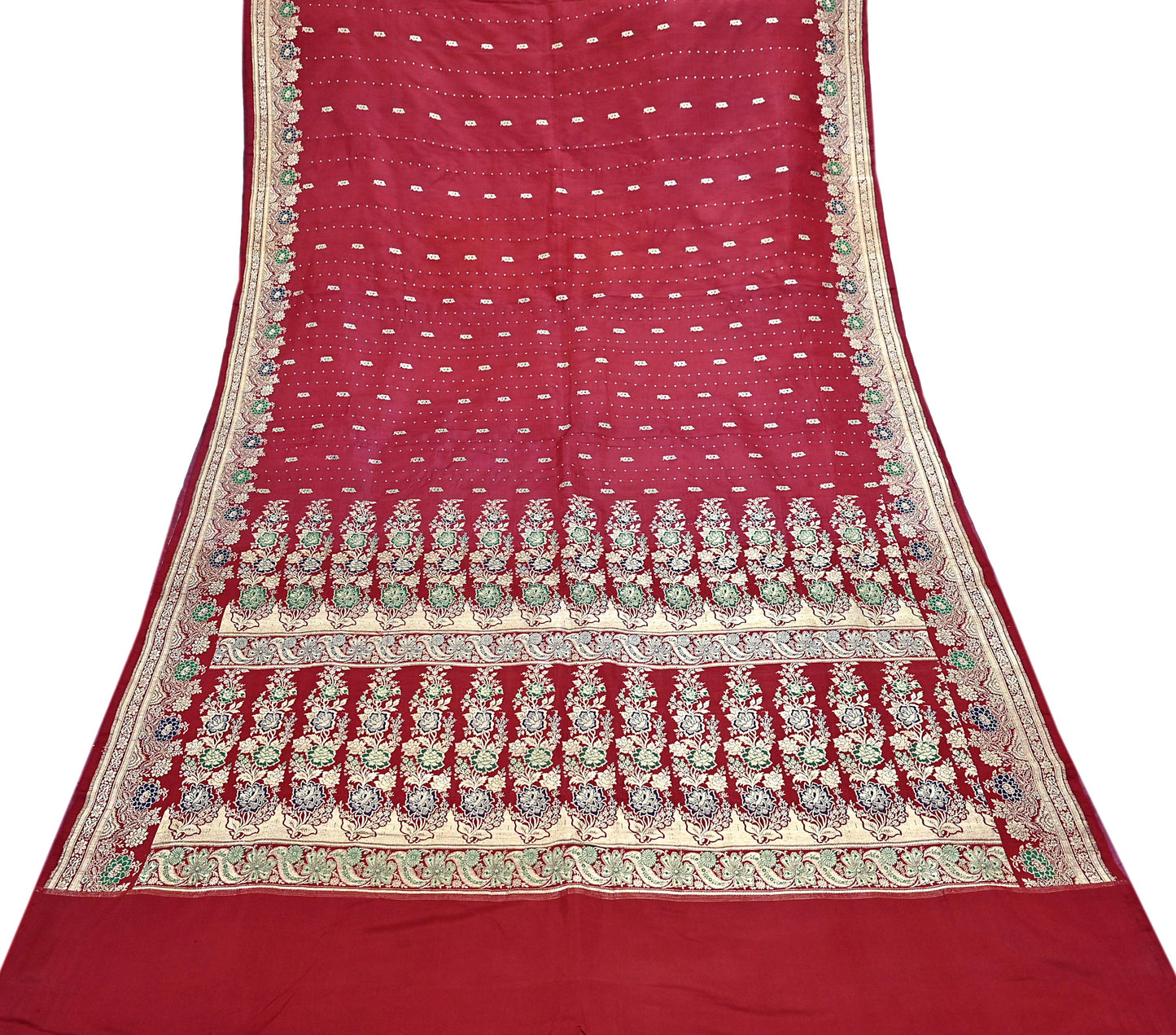 Indian Vintage Sari Red Heavy Wedding Pure Satin Silk Woven Banarasi Brocade Saree Zari 5Yd Craft Fabric Ethnic Dress making Crafting