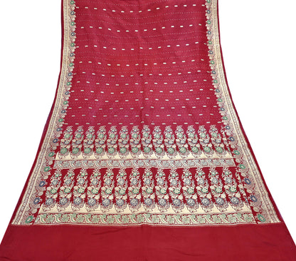 Indian Vintage Sari Red Heavy Wedding Pure Satin Silk Woven Banarasi Brocade Saree Zari 5Yd Craft Fabric Ethnic Dress making Crafting
