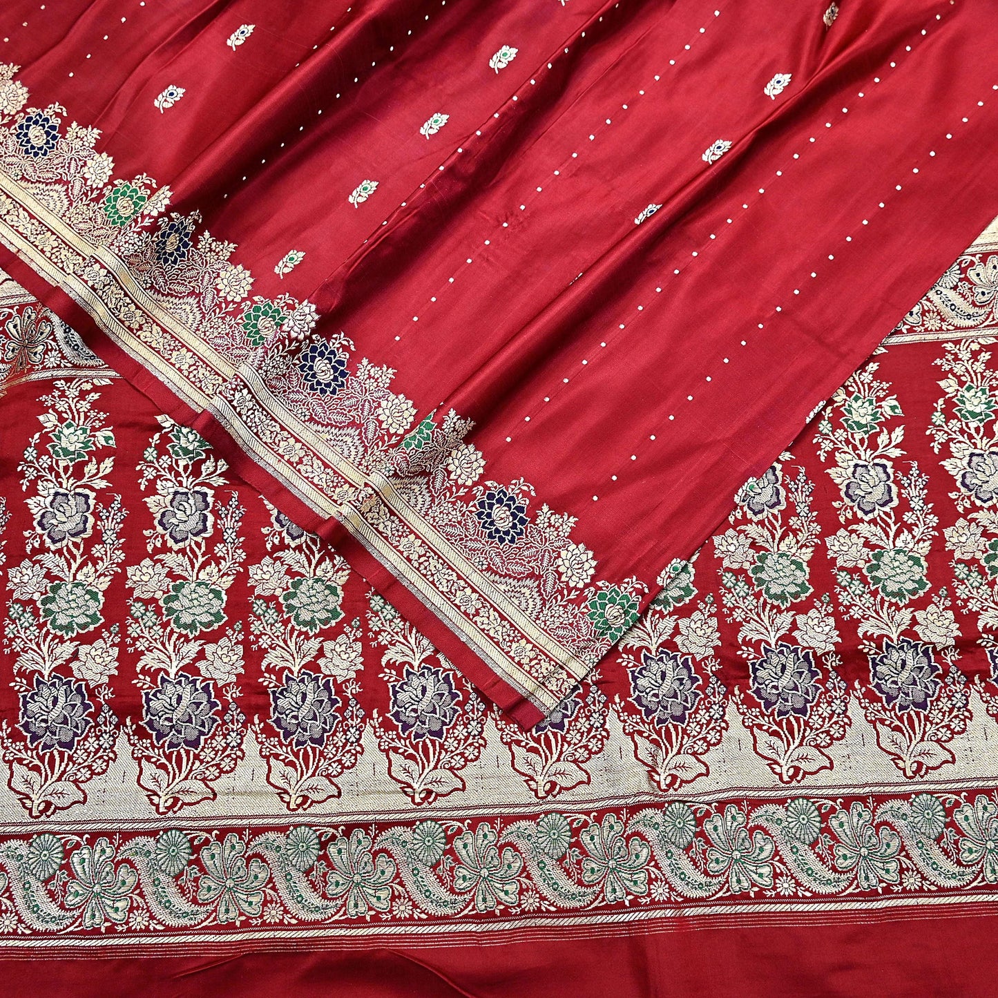 Indian Vintage Sari Red Heavy Wedding Pure Satin Silk Woven Banarasi Brocade Saree Zari 5Yd Craft Fabric Ethnic Dress making Crafting