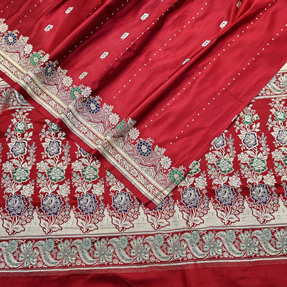 Indian Vintage Sari Red Heavy Wedding Pure Satin Silk Woven Banarasi Brocade Saree Zari 5Yd Craft Fabric Ethnic Dress making Crafting