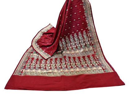 Indian Vintage Sari Red Heavy Wedding Pure Satin Silk Woven Banarasi Brocade Saree Zari 5Yd Craft Fabric Ethnic Dress making Crafting