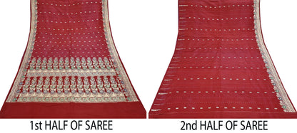 Indian Vintage Sari Red Heavy Wedding Pure Satin Silk Woven Banarasi Brocade Saree Zari 5Yd Craft Fabric Ethnic Dress making Crafting