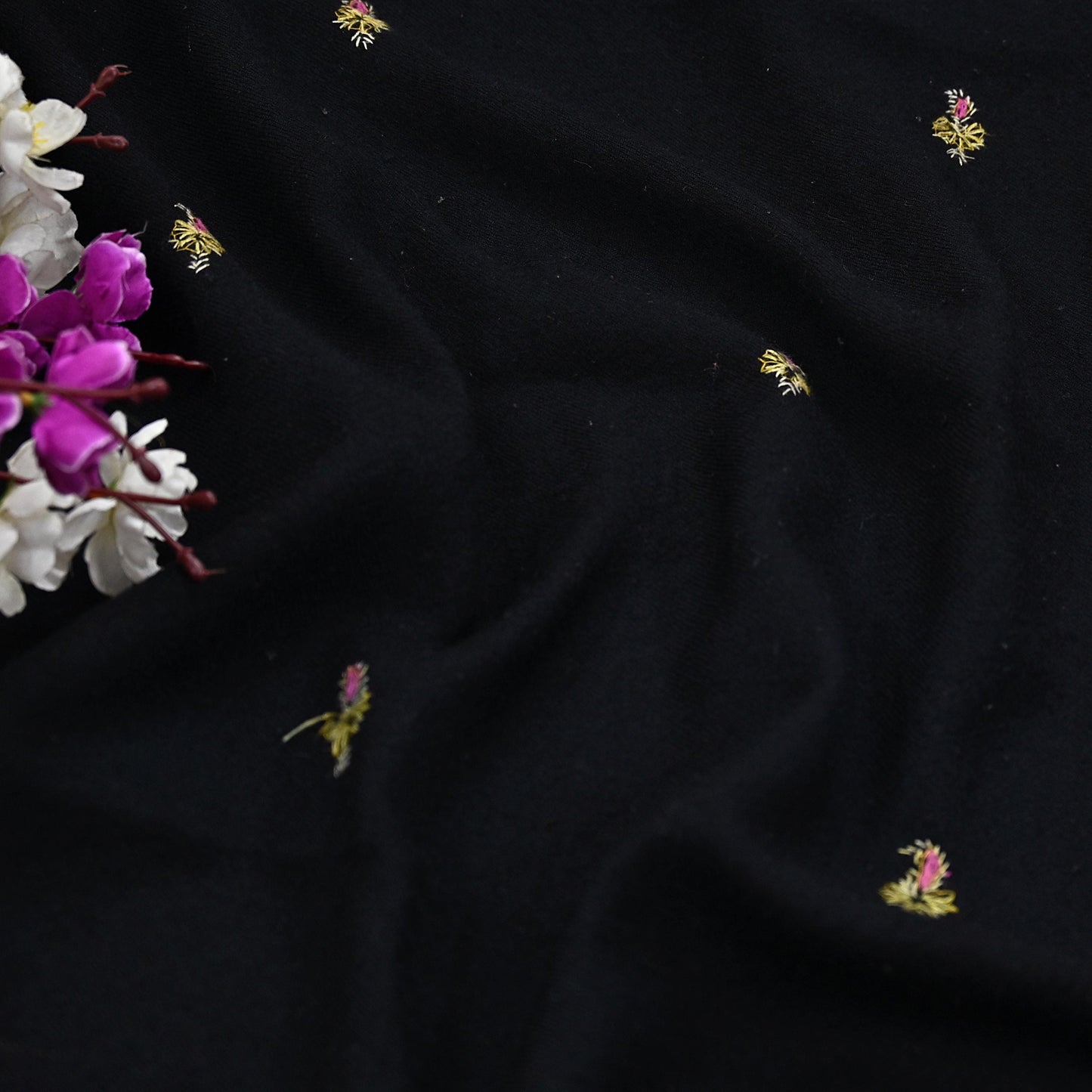 Indian Vintage Black Shawl Pure Woolen Handmade Suzani Long Throw Stole Warm Floral Design Soft Cozy