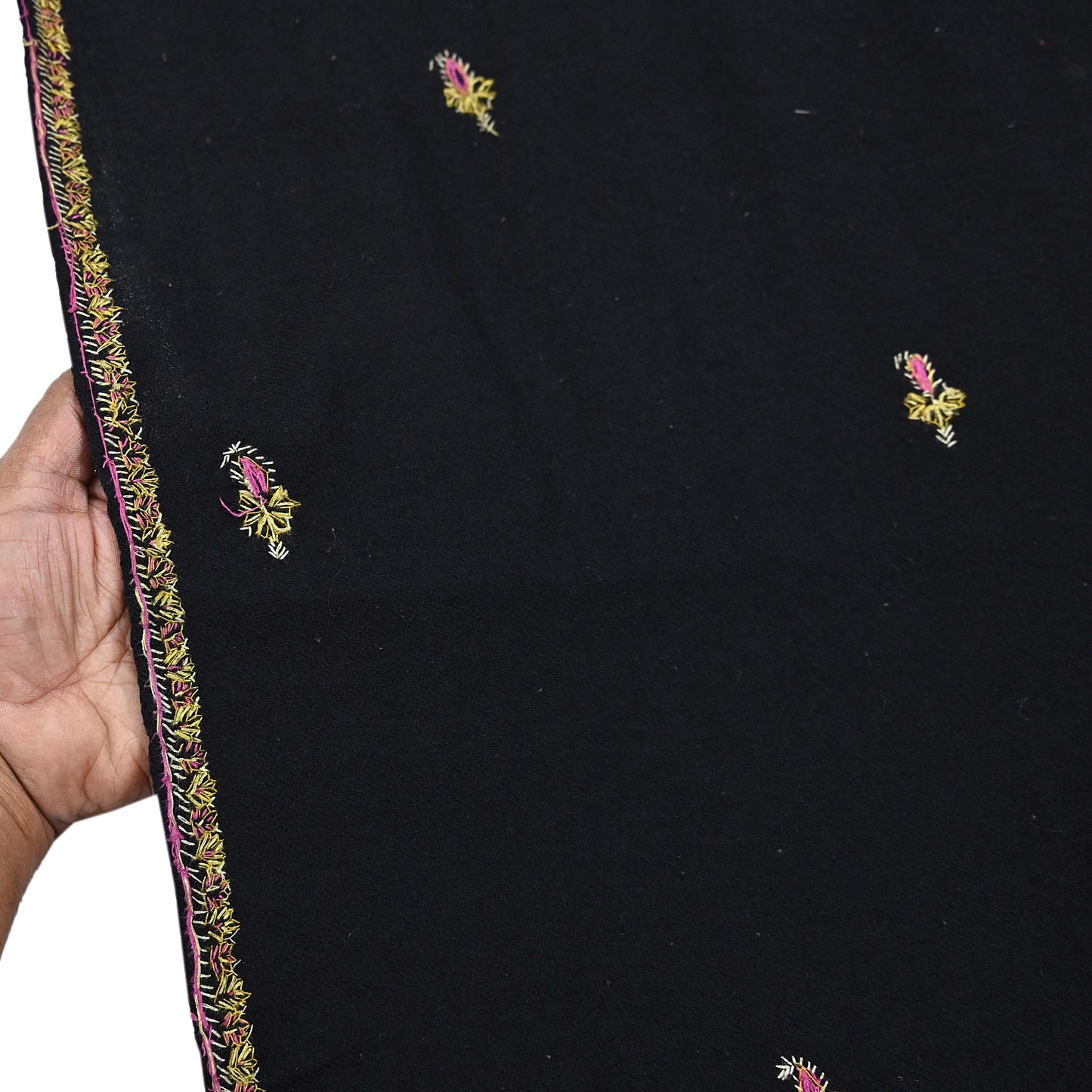 Indian Vintage Black Shawl Pure Woolen Handmade Suzani Long Throw Stole Warm Floral Design Soft Cozy