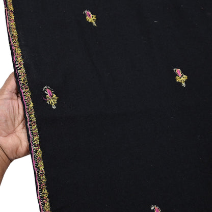Indian Vintage Black Shawl Pure Woolen Handmade Suzani Long Throw Stole Warm Floral Design Soft Cozy