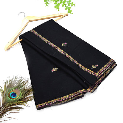 Indian Vintage Black Shawl Pure Woolen Handmade Suzani Long Throw Stole Warm Floral Design Soft Cozy