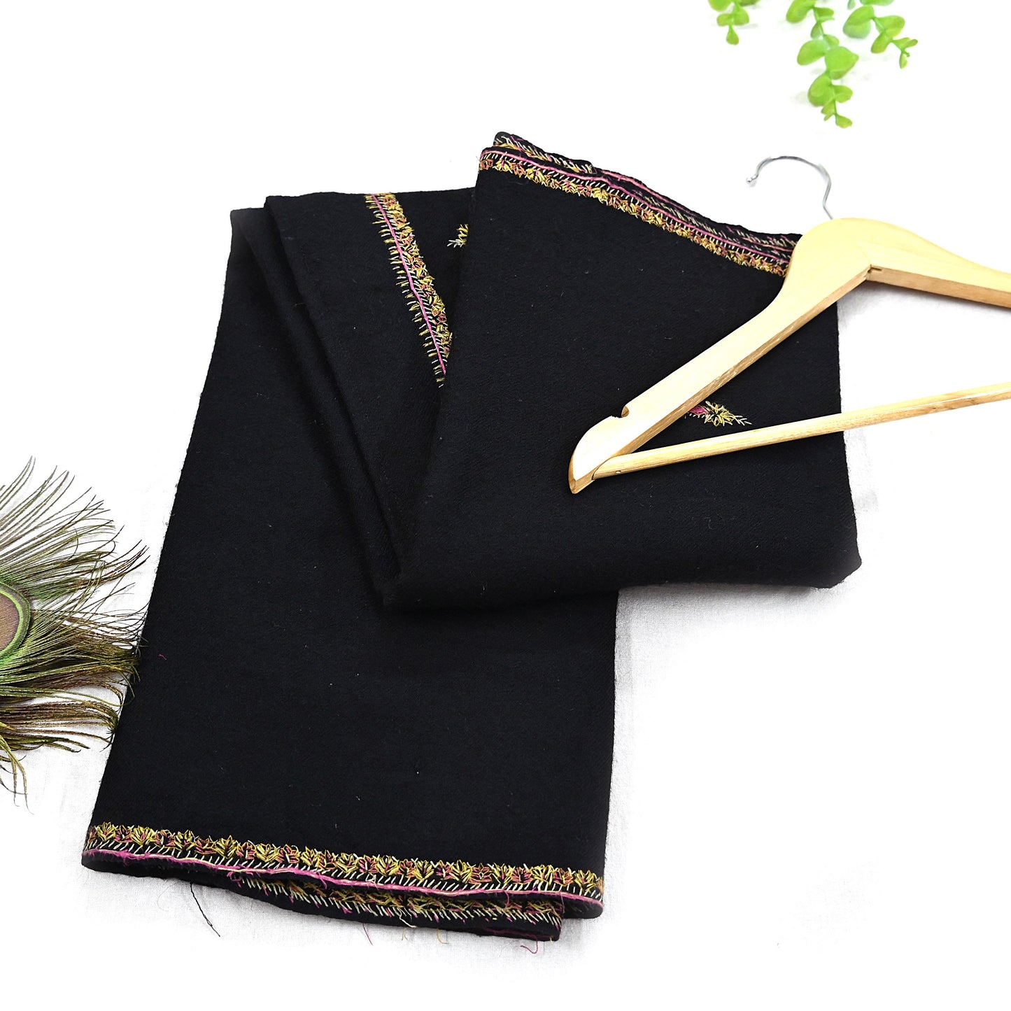 Indian Vintage Black Shawl Pure Woolen Handmade Suzani Long Throw Stole Warm Floral Design Soft Cozy