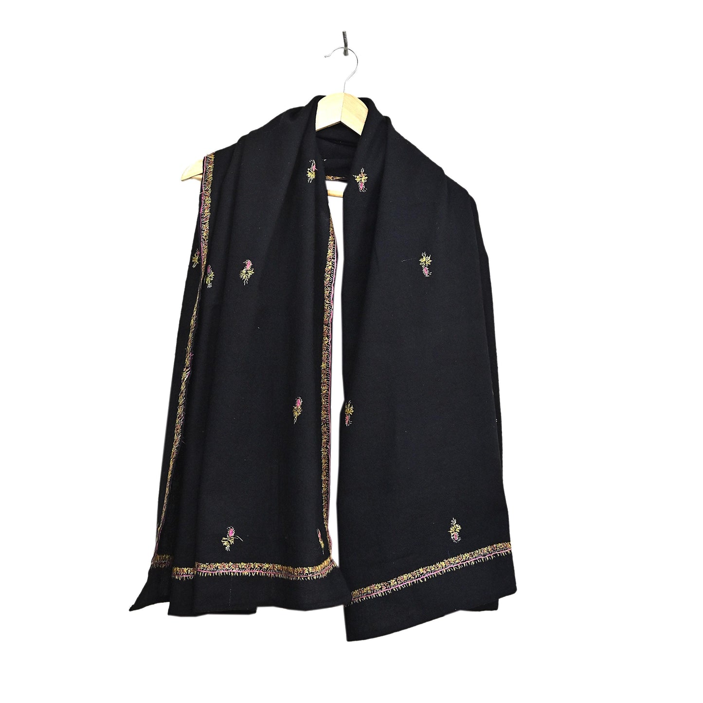 Indian Vintage Black Shawl Pure Woolen Handmade Suzani Long Throw Stole Warm Floral Design Soft Cozy