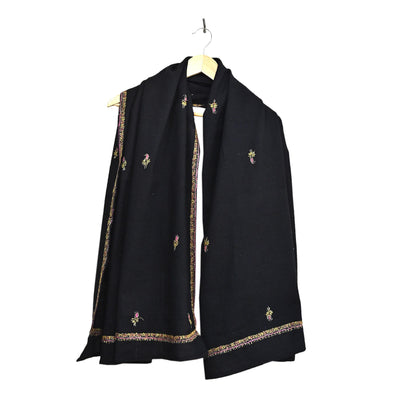 Indian Vintage Black Shawl Pure Woolen Handmade Suzani Long Throw Stole Warm Floral Design Soft Cozy