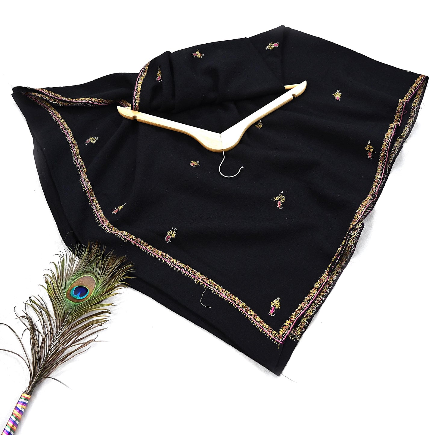 Indian Vintage Black Shawl Pure Woolen Handmade Suzani Long Throw Stole Warm Floral Design Soft Cozy
