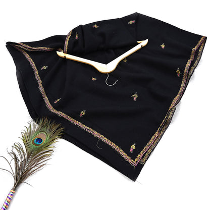 Indian Vintage Black Shawl Pure Woolen Handmade Suzani Long Throw Stole Warm Floral Design Soft Cozy