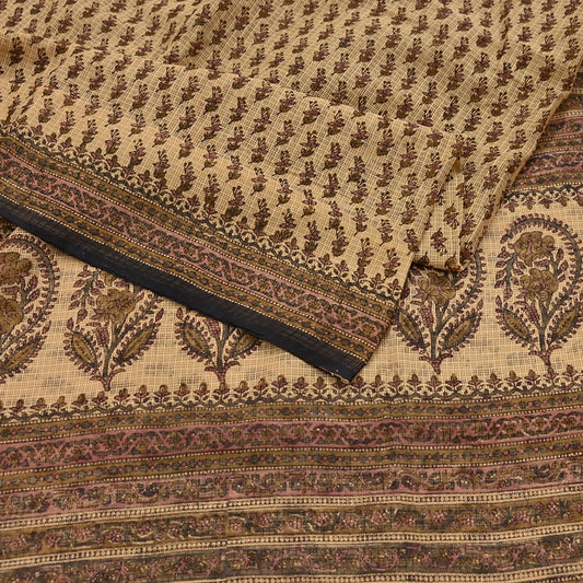 Indian Vintage Sari Beige Block Printed Pure Cotton Saree Craft Fabric 5Yd Sewing Sarong Wrap Boho Paisley Dress making Quilting