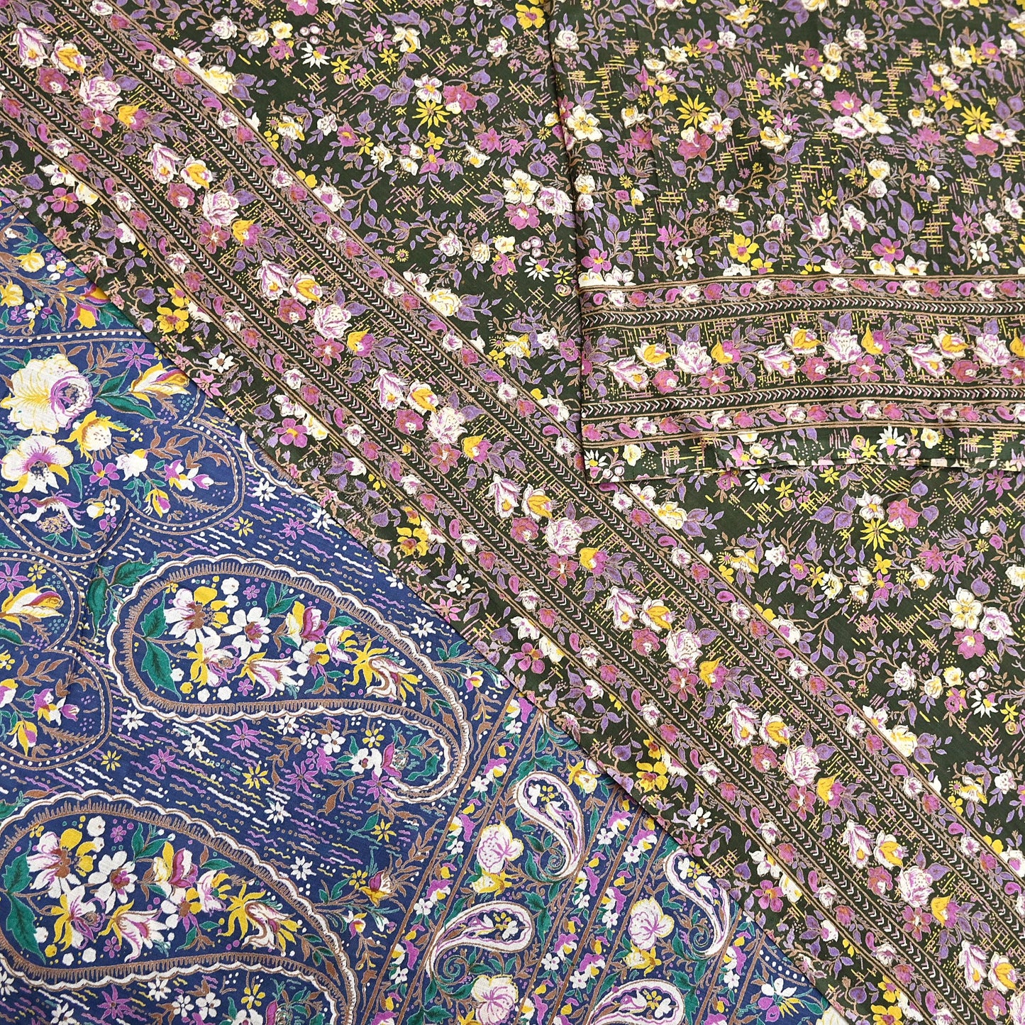 Indian Vintage Blue & Green Sarees Pure Cotton Block Printed Sari 5yd Sewing Craft Fabric DressMaking Soft Crafting Quilting Upcycle