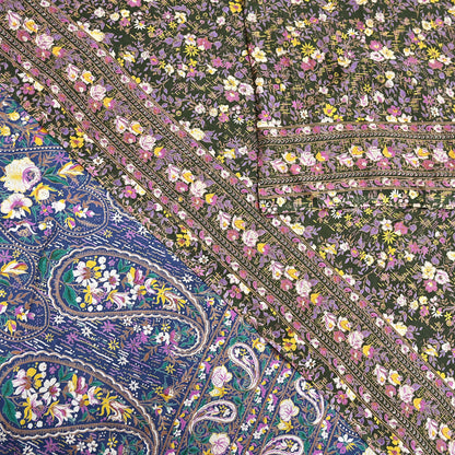 Indian Vintage Blue & Green Sarees Pure Cotton Block Printed Sari 5yd Sewing Craft Fabric DressMaking Soft Crafting Quilting Upcycle