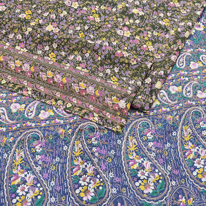 Indian Vintage Blue & Green Sarees Pure Cotton Block Printed Sari 5yd Sewing Craft Fabric DressMaking Soft Crafting Quilting Upcycle