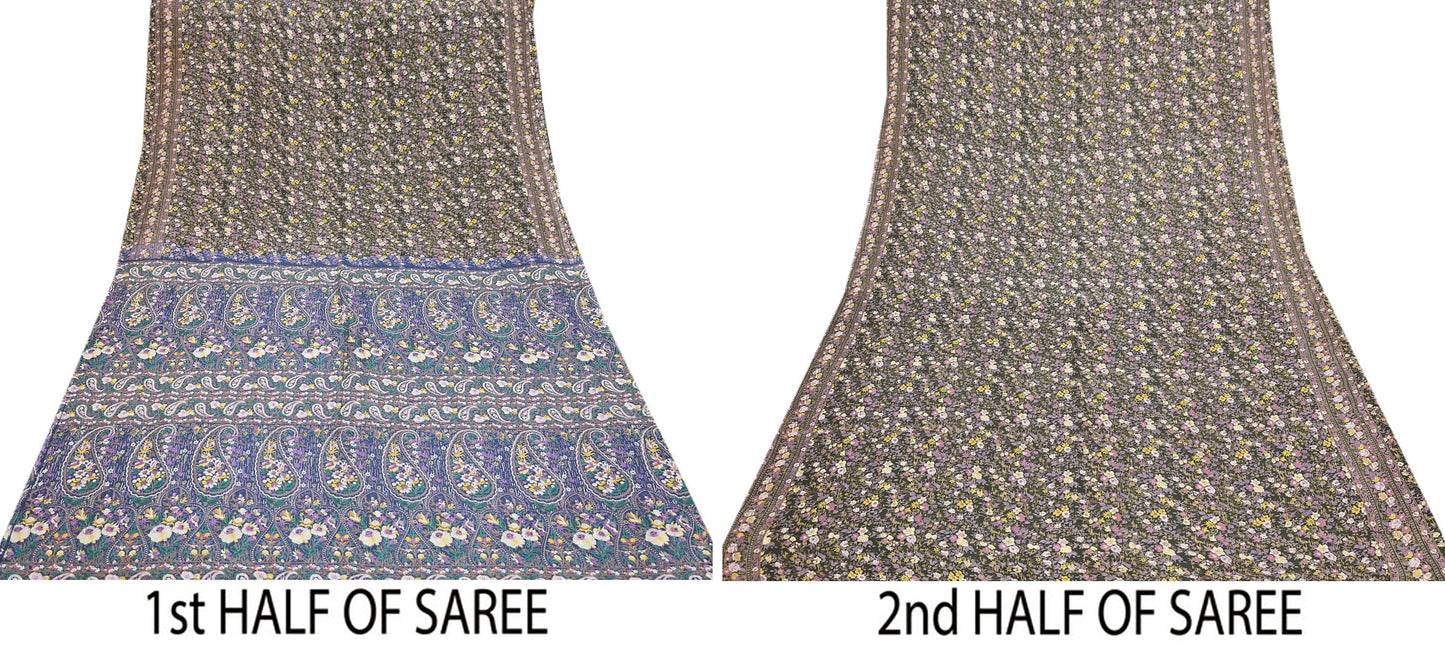 Indian Vintage Blue & Green Sarees Pure Cotton Block Printed Sari 5yd Sewing Craft Fabric DressMaking Soft Crafting Quilting Upcycle