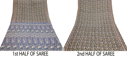 Indian Vintage Blue & Green Sarees Pure Cotton Block Printed Sari 5yd Sewing Craft Fabric DressMaking Soft Crafting Quilting Upcycle