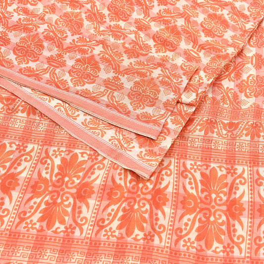 Indian Vintage Ivory & Orange Printed Pure Cotton Saree 5 Yards Soft Fabric for Sewing, Crafting, Quilting, Upcycling, Dressmaking, Boho