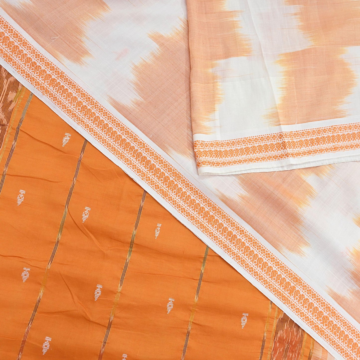 Indian Vintage Sari Orange & White Hand woven Sambalpuri Ikat Sarees Pure Cotton Craft Fabric 5Yd Ethnic Chackra Border Dress Making Upcycle