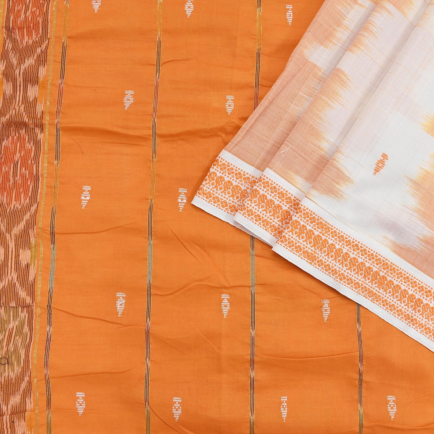 Indian Vintage Sari Orange & White Hand woven Sambalpuri Ikat Sarees Pure Cotton Craft Fabric 5Yd Ethnic Chackra Border Dress Making Upcycle