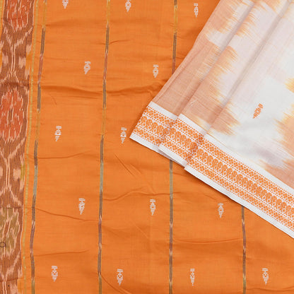 Indian Vintage Sari Orange & White Hand woven Sambalpuri Ikat Sarees Pure Cotton Craft Fabric 5Yd Ethnic Chackra Border Dress Making Upcycle