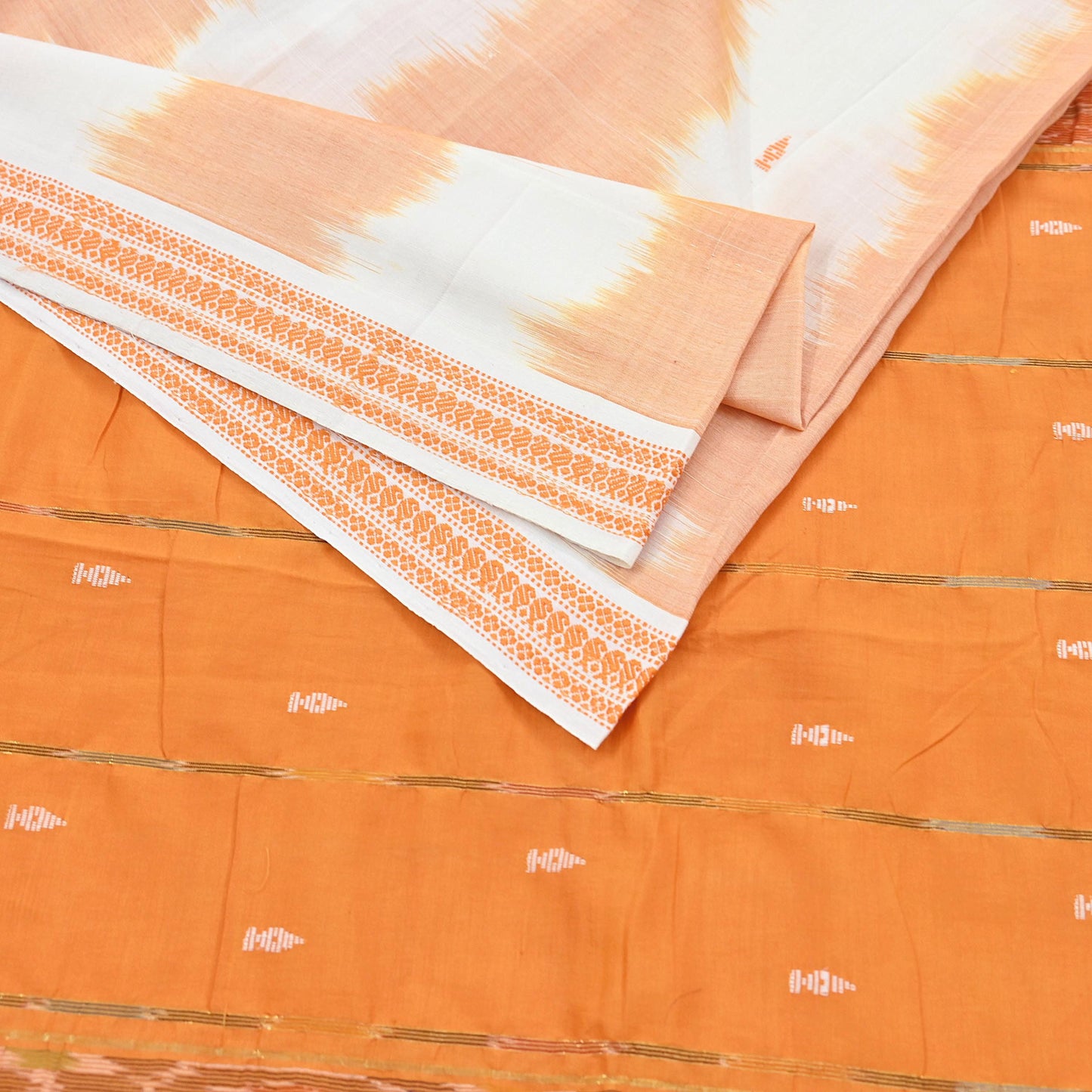 Indian Vintage Sari Orange & White Hand woven Sambalpuri Ikat Sarees Pure Cotton Craft Fabric 5Yd Ethnic Chackra Border Dress Making Upcycle