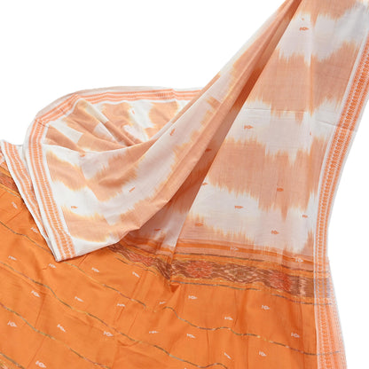 Indian Vintage Sari Orange & White Hand woven Sambalpuri Ikat Sarees Pure Cotton Craft Fabric 5Yd Ethnic Chackra Border Dress Making Upcycle