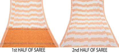 Indian Vintage Sari Orange & White Hand woven Sambalpuri Ikat Sarees Pure Cotton Craft Fabric 5Yd Ethnic Chackra Border Dress Making Upcycle
