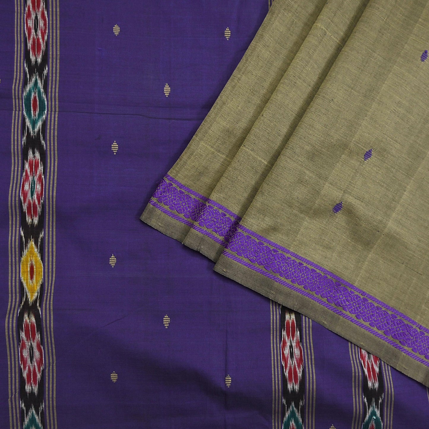 Indian Vintage Saree Purple & brown Cotton Hand woven Sambalpuri Ikat sari Craft Fabric 5Yd Ethnic Chackra Border Dress Making Quilting