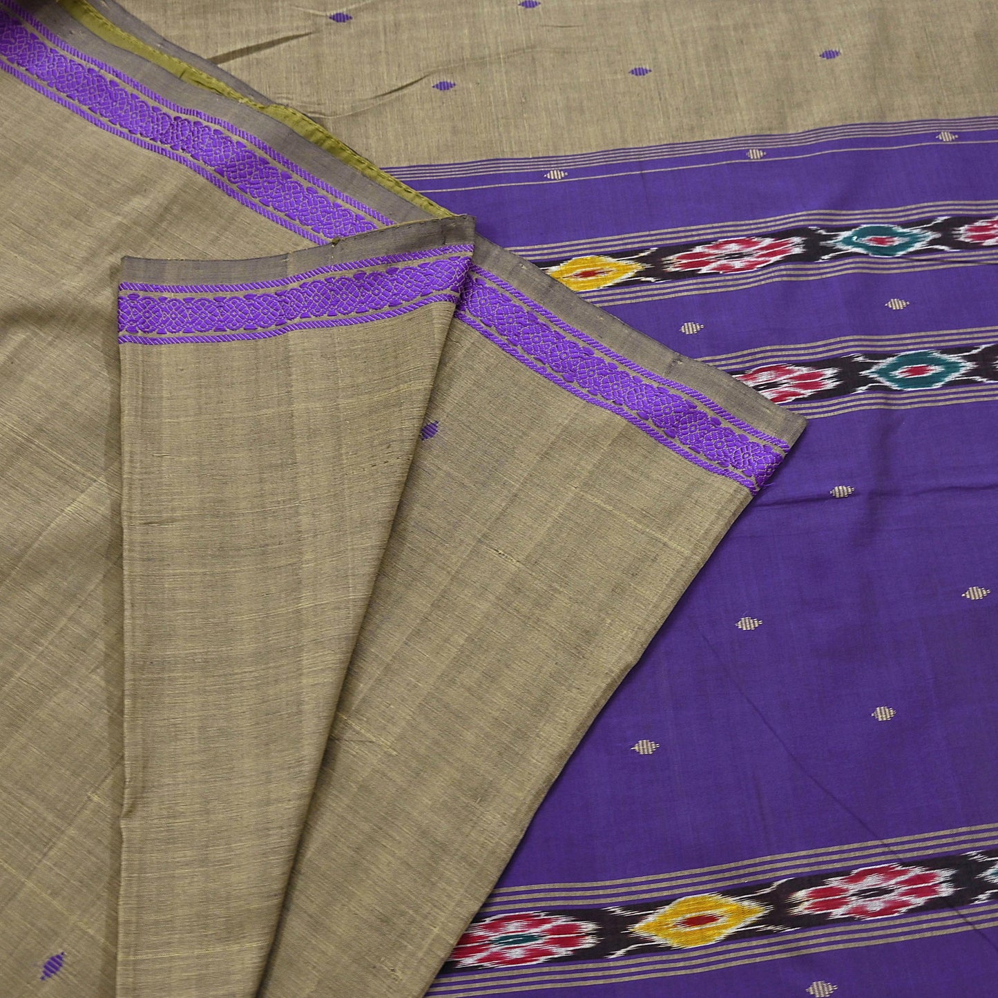 Indian Vintage Saree Purple & brown Cotton Hand woven Sambalpuri Ikat sari Craft Fabric 5Yd Ethnic Chackra Border Dress Making Quilting
