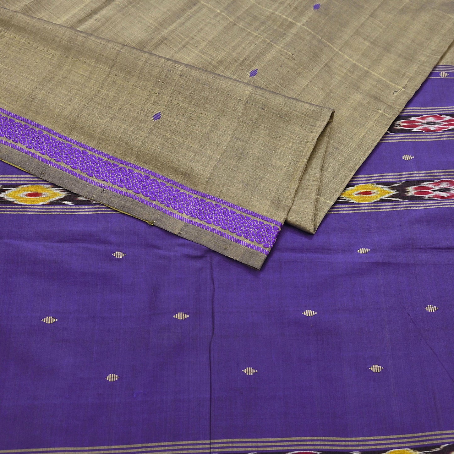 Indian Vintage Saree Purple & brown Cotton Hand woven Sambalpuri Ikat sari Craft Fabric 5Yd Ethnic Chackra Border Dress Making Quilting