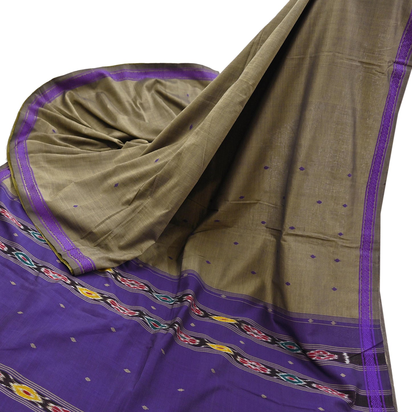 Indian Vintage Saree Purple & brown Cotton Hand woven Sambalpuri Ikat sari Craft Fabric 5Yd Ethnic Chackra Border Dress Making Quilting