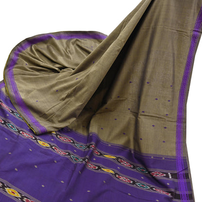 Indian Vintage Saree Purple & brown Cotton Hand woven Sambalpuri Ikat sari Craft Fabric 5Yd Ethnic Chackra Border Dress Making Quilting