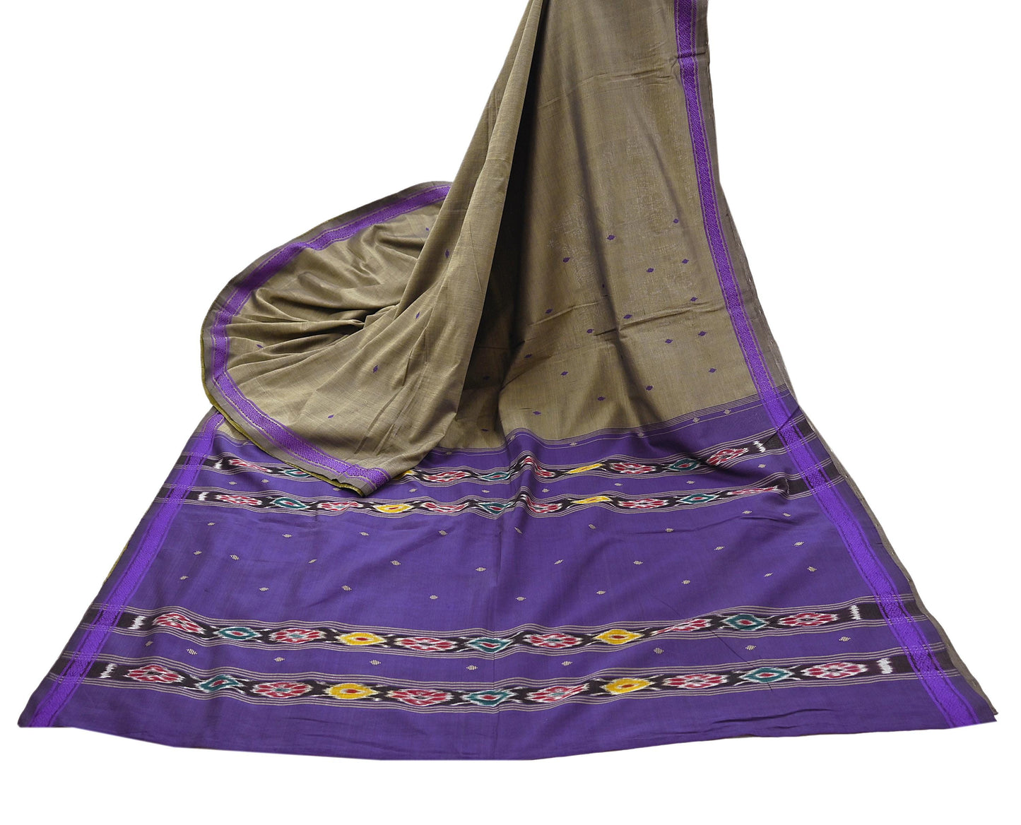 Indian Vintage Saree Purple & brown Cotton Hand woven Sambalpuri Ikat sari Craft Fabric 5Yd Ethnic Chackra Border Dress Making Quilting