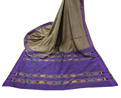 Indian Vintage Saree Purple & brown Cotton Hand woven Sambalpuri Ikat sari Craft Fabric 5Yd Ethnic Chackra Border Dress Making Quilting