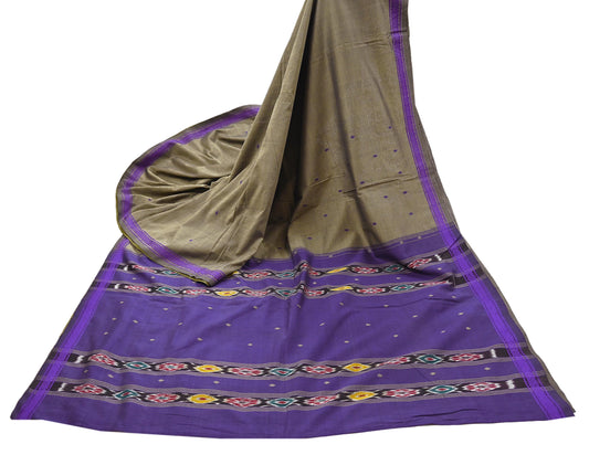 Indian Vintage Saree Purple & brown Cotton Hand woven Sambalpuri Ikat sari Craft Fabric 5Yd Ethnic Chackra Border Dress Making Quilting