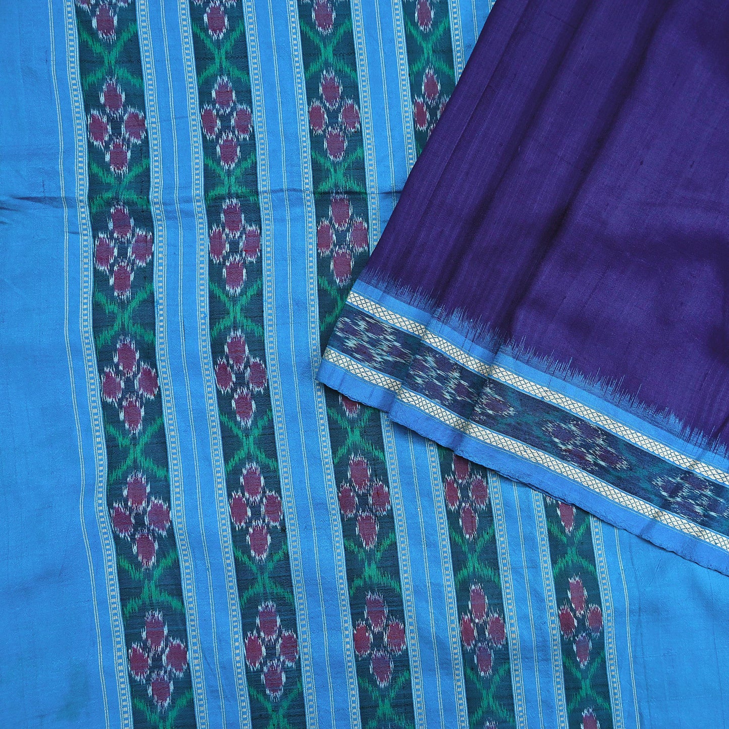 Indian Vintage Blue Pochampally Silk Saree Pure Silk Hand Woven Ikat Patola Sari Fabric 6Yard Craft Ethnic Zari Border