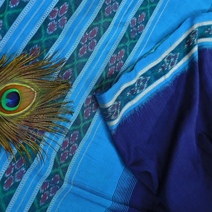 Indian Vintage Blue Pochampally Silk Saree Pure Silk Hand Woven Ikat Patola Sari Fabric 6Yard Craft Ethnic Zari Border