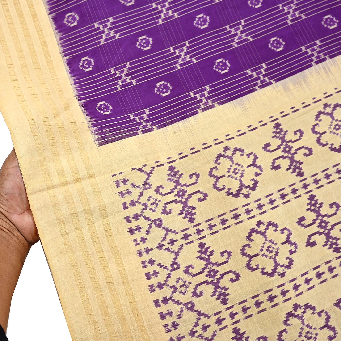 Indian Vintage Saree Beige & Purple Pure Silk Hand Woven Ikat Sari Craft Fabric 5Yard Dress Making Ethnic Premium Saree Quilting Crafting