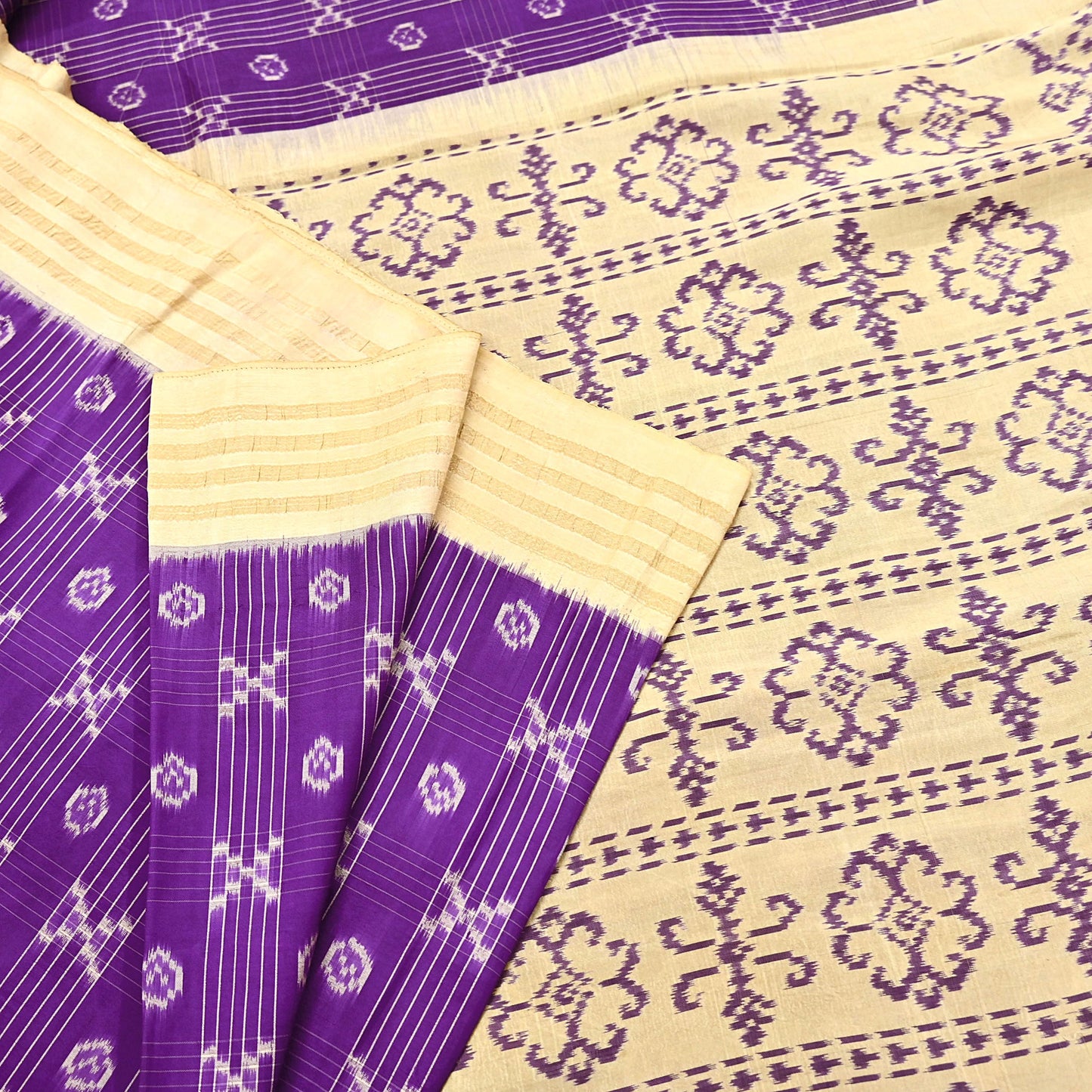 Indian Vintage Saree Beige & Purple Pure Silk Hand Woven Ikat Sari Craft Fabric 5Yard Dress Making Ethnic Premium Saree Quilting Crafting