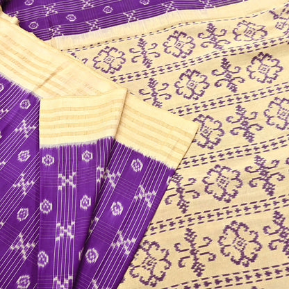 Indian Vintage Saree Beige & Purple Pure Silk Hand Woven Ikat Sari Craft Fabric 5Yard Dress Making Ethnic Premium Saree Quilting Crafting
