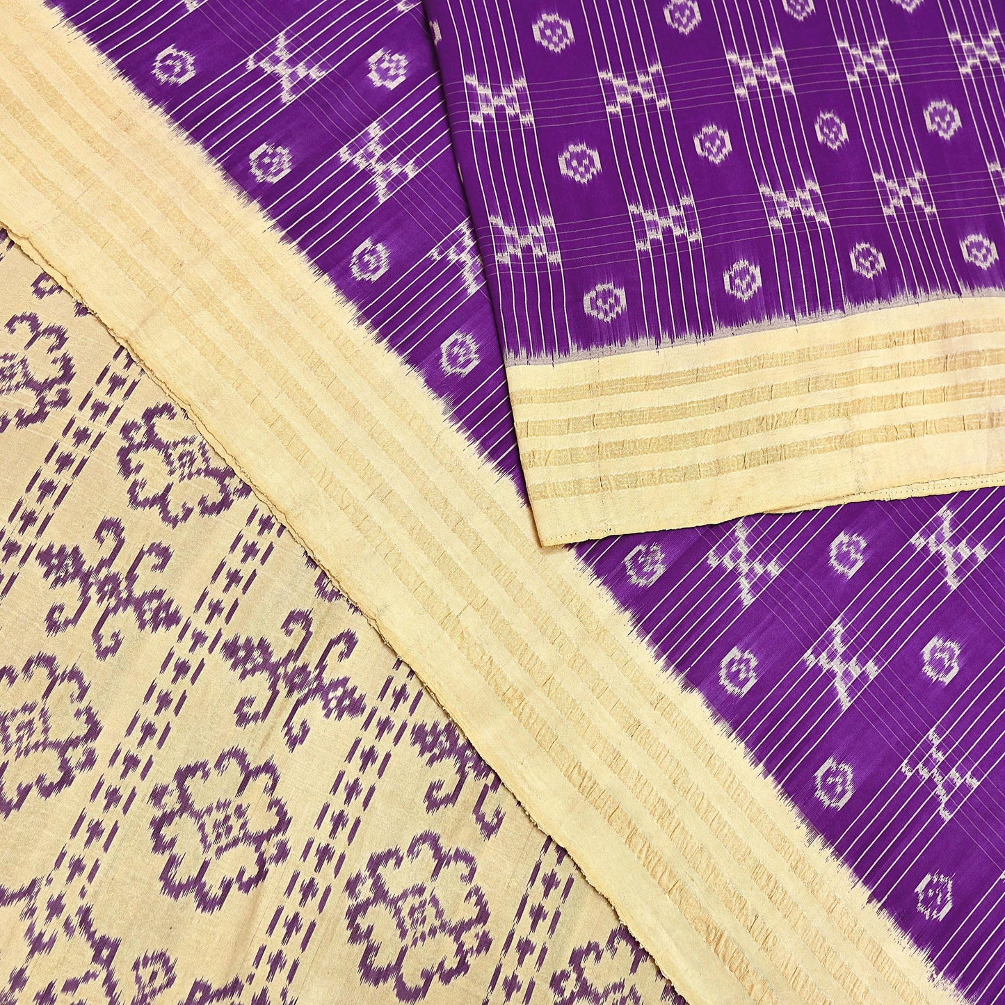 Indian Vintage Saree Beige & Purple Pure Silk Hand Woven Ikat Sari Craft Fabric 5Yard Dress Making Ethnic Premium Saree Quilting Crafting