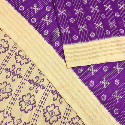 Indian Vintage Saree Beige & Purple Pure Silk Hand Woven Ikat Sari Craft Fabric 5Yard Dress Making Ethnic Premium Saree Quilting Crafting